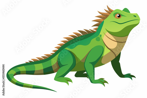 Green iguana isolated on white background. Illustration of lizard with striped body and detailed scales. Concept of wildlife, exotic animal, and tropical fauna. Print, icon, logo, element for design.