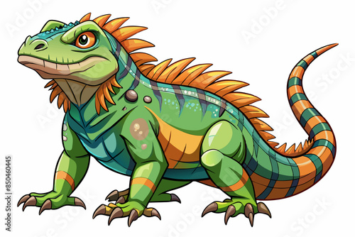 Vibrant green iguana with orange and blue stripes isolated on a white background. Concept of wild animal illustration, cute reptile, and minimalist style. Print, icon, logo, element for design.