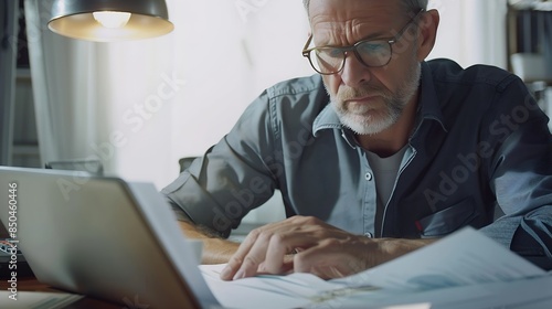 Serious and focused financier accountant on paper work inside office mature man using calculator and laptop for calculating reports and summarizing accounts businessman at work in casu : Generative AI photo
