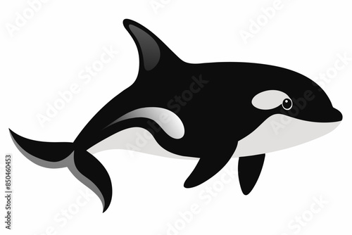 Black and white killer whale isolated on a white background. Concept of ocean creature illustration, minimalist style, marine life, orca whale. Print, icon, logo, template, digital art.