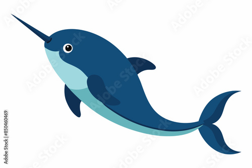 Cute blue narwhal swimming isolated on white background. Concept of marine life illustration, whimsical sea unicorn, adorable cartoon style. Print, icon, logo, graphic design element.