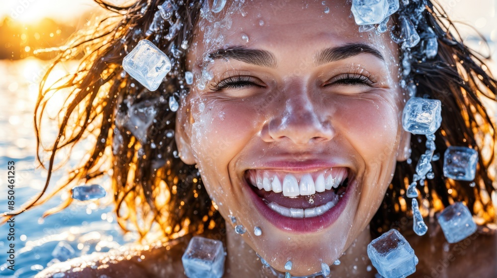 Woman Smiling with Ice and Water Splash
Woman Smiling with Ice and Water Splash