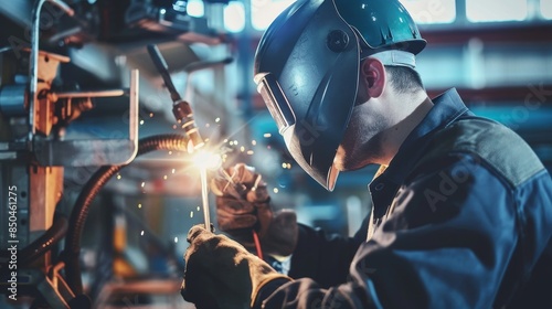 Male Welder Wearing Helmet Skillfully Using Welding Torch in Industrial Factory, Emphasizing Safety and Precision in Metalwork and Manufacturing © suyu
