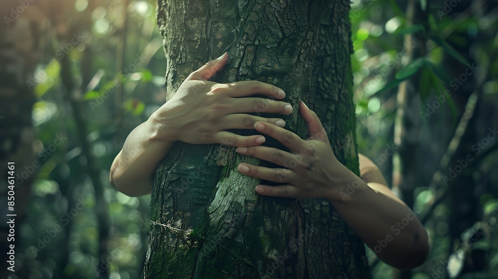 Nature lover hugging trunk tree with green musk in tropical woods ...