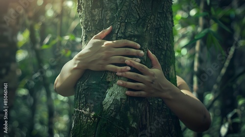 Nature lover hugging trunk tree with green musk in tropical woods forest Green natural background Concept of people love nature and protect from deforestation or pollution or climate c : Generative AI