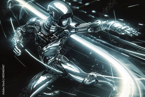 Futuristic cyborg warrior in dynamic motion with glowing neon lights, representing advanced robotic technology and sci-fi action.