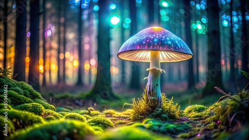 of a holographic glowing mushroom in a forest setting, mushroom, forest, holographic, glowing, bright, graphic