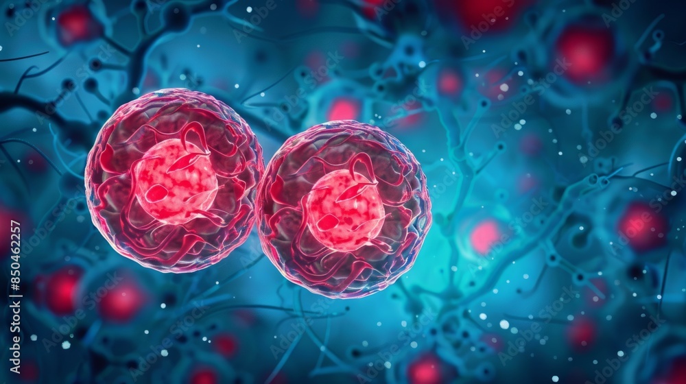 Fototapeta premium An illustration of two red glowing reproductive cells on a blue background