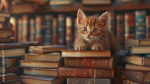A realistic 3D rendering of a kitten sitting among old books, with an adorable and curious expression, set in a cozy library.