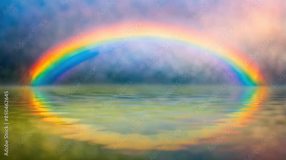 A vivid rainbow reflecting on calm water, with colorful clouds in the background, creating a tranquil and picturesque scene.
A vivid rainbow reflecting on calm water, with colorful clouds in the background, creating a tranquil and picturesque scene.
