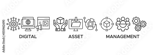 Dam banner web icon illustration concept of digital asset management with icon of binary, automation, processing, design, data, network, and connection