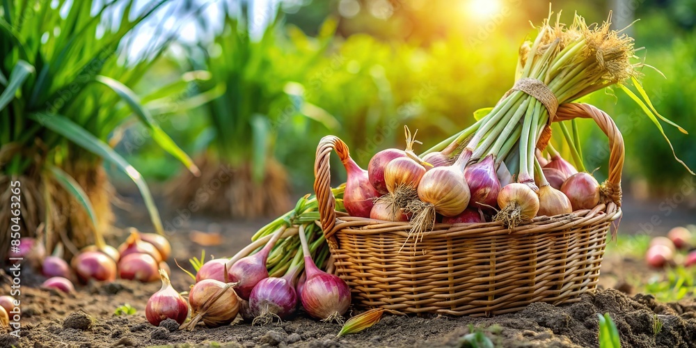 Organic shallot onion harvest in a small sustainable garden , eco-friendly, green business