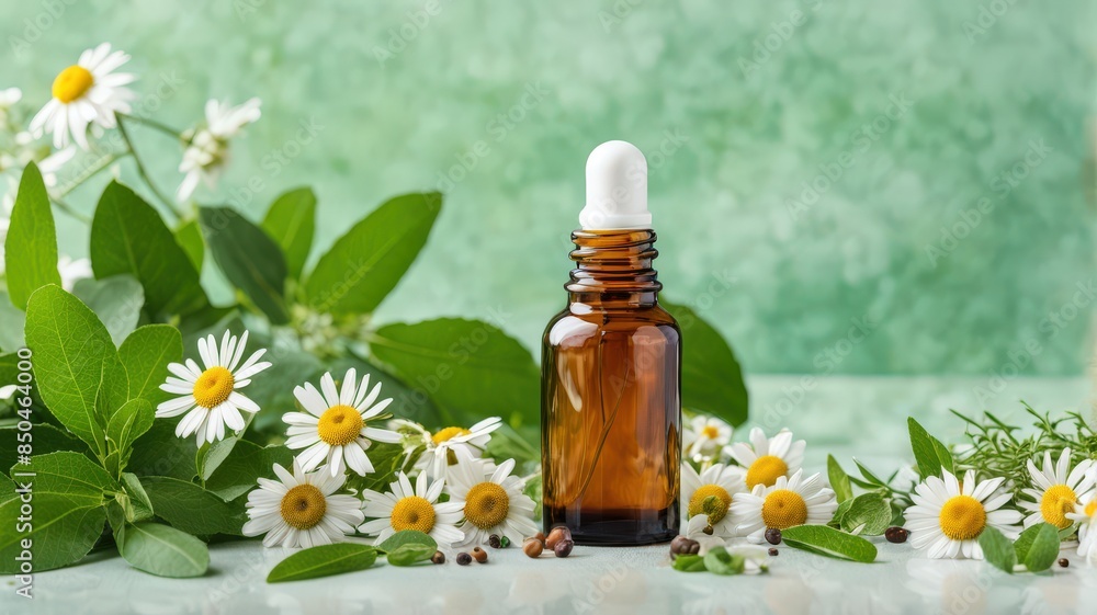 Amber dropper bottle of herbal essential oil surrounded by fresh chamomile flowers and leaves, set against a green textured background.
Amber dropper bottle of herbal essential oil surrounded by fresh chamomile flowers and leaves, set against a green textured background.