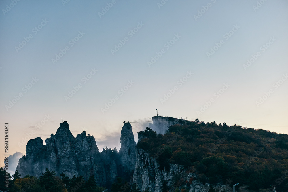 Scenic Mountain View with Church in the Background, Serene Landscape on Top of Hill, Travel Destination with Religious Architecture and Stunning Nature Scenic Mountain View with Church in the Background, Serene Landscape on Top of Hill, Travel Destination with Religious Architecture and Stunning Nature