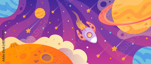 A rocket flying among planets and stars. Space landscape, shuttle, UFO, future. Cute baby horizontal illustration in vintage style. For childrens, posters, postcards, banners, design elements.