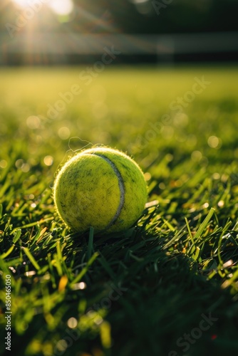 A tennis ball sits atop a vibrant green grassy area, perfect for a game or sports-themed project © vefimov