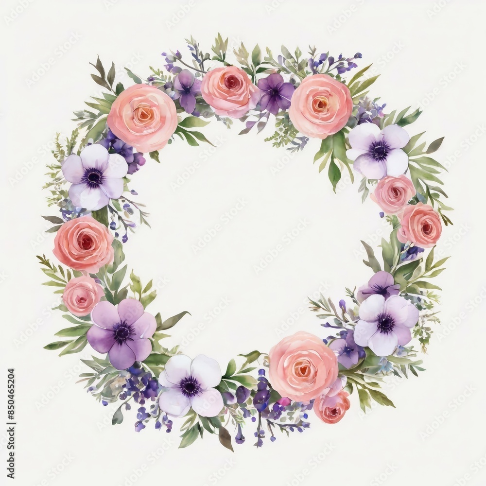Floral wreath with flowers and leaves. Created by AI Floral wreath with flowers and leaves. Created by AI