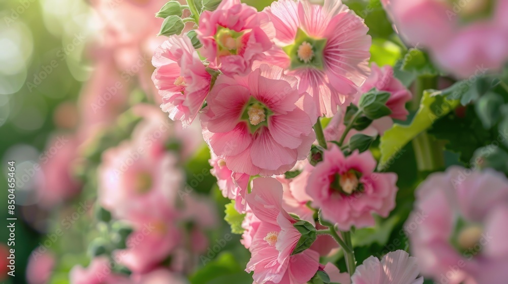 Fototapeta premium A bouquet of pink flowers with green leaves