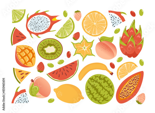 Set of exotic summer tropical fruits. Fresh lemon, lime wedges, watermelon, dragon fruit, star fruit, papaya, mango and kiwi, strawberries. Healthy food. Peach Fuzz. Veganism, vegan day.