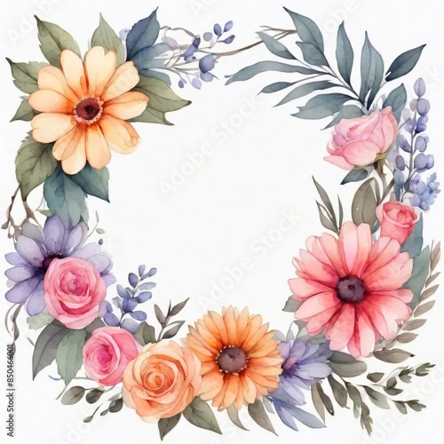 Floral wreath with flowers and leaves. Created by AI
