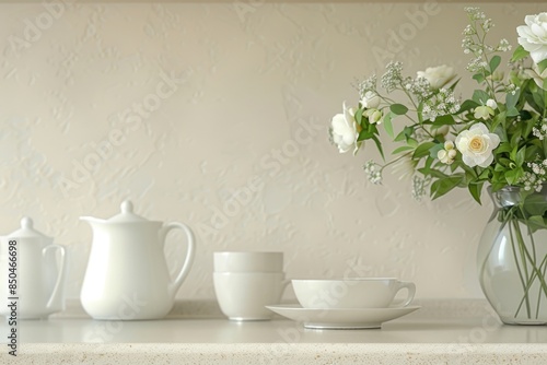 A still life image of white flowers in a vase accompanied by a cup and saucer