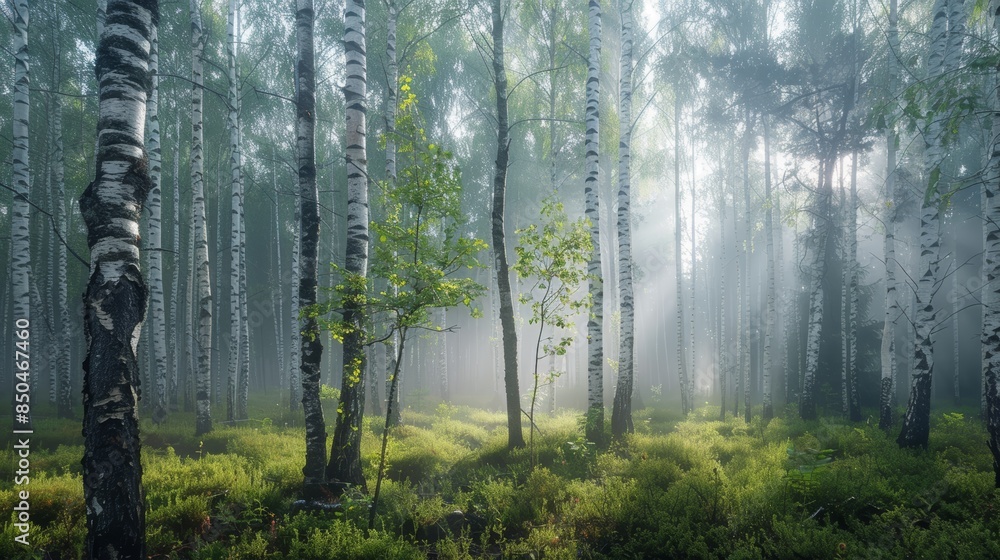 Foggy forest, morning mist, tall birch trees, soft sunlight filtering, high resolution, peaceful and enchanting, panoramic view, dreamlike quality Foggy forest, morning mist, tall birch trees, soft sunlight filtering, high resolution, peaceful and enchanting, panoramic view, dreamlike quality