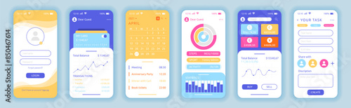 App UI. Phone screen interface application. Account login. Smartphone call and message. Cellphone finance dashboard. Schedule planner with calendar. Mobile graphic mockup. Vector garish templates set