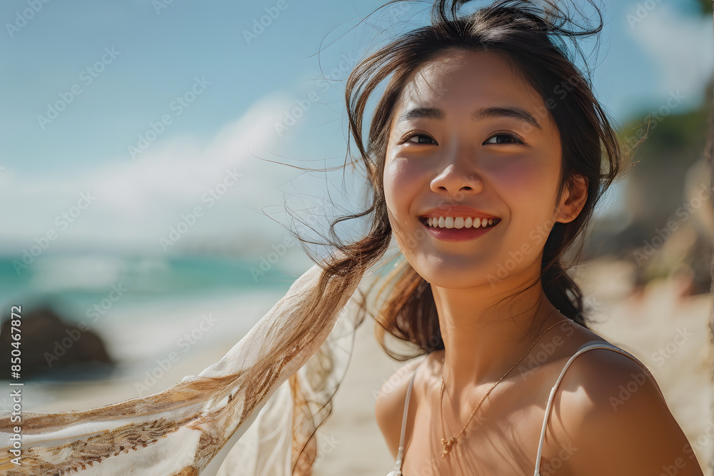 A woman with long hair is smiling and wearing a white dress A woman with long hair is smiling and wearing a white dress
