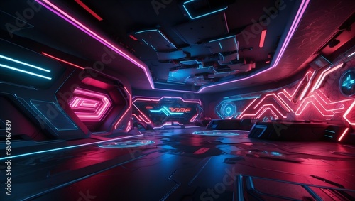 modern high-graphics gaming background with ultra-realistic textures and stunning neon lights that create an immersive, futuristic environment. Detailed 3D elements and dynamic lighting effects. © TanjilAhmed