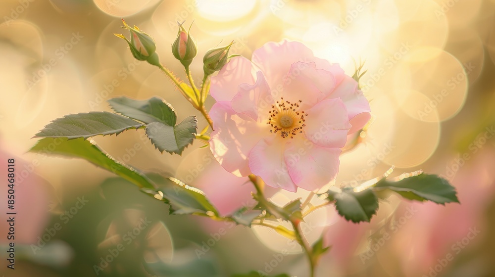 Soft pink wild rose on a creamy blurred background Soft pink wild rose on a creamy blurred background