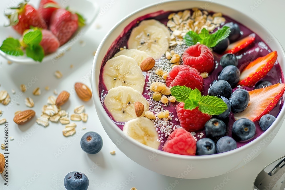 Delicious Acai Bowl with Fresh Fruits and Nuts on Bright Kitchen Counter - Healthy Breakfast Concept for Vibrant Mornings Delicious Acai Bowl with Fresh Fruits and Nuts on Bright Kitchen Counter - Healthy Breakfast Concept for Vibrant Mornings