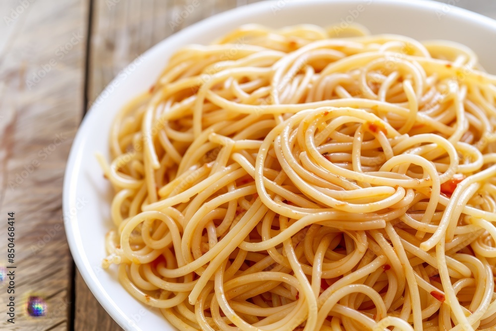 Minimalist composition  overhead view of spaghetti with red tomatoes on white plate