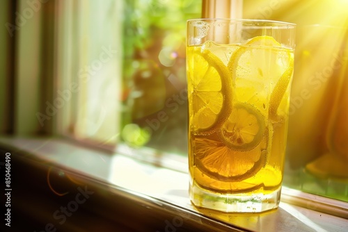 Serene Moment - Glass of Refreshing Iced Green Tea with Lemon on Sunny Windowsill photo