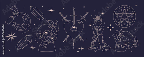 Tarot card. Astrology line icon. Magic spell. Mystic moon. Oracle divination. Magical potion. Witch naked body. Spiritual occult crystal. Space star. Silhouette magicians hand. Vector esoteric set