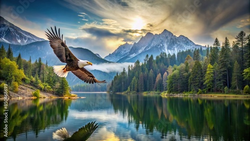 Eagle soaring over serene lake with lush forest and majestic mountains in the background, Eagle, flying, lake, forest photo