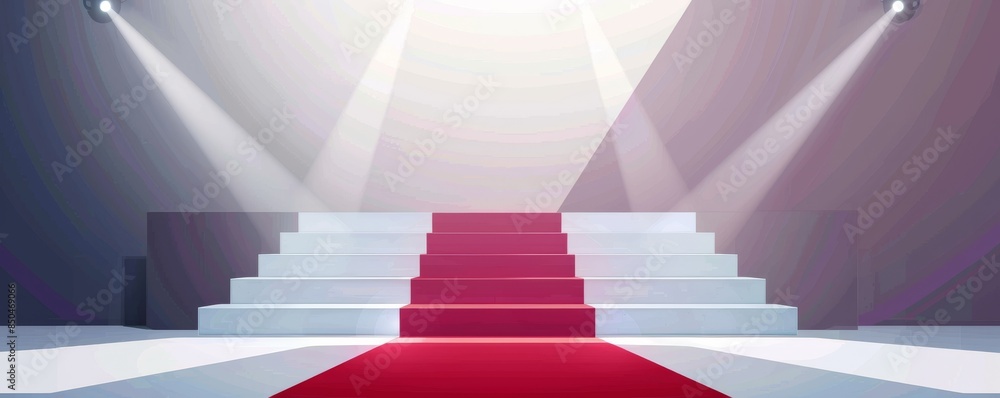 Obraz premium Red carpet leading up white steps with dramatic lighting for award ceremony or special event