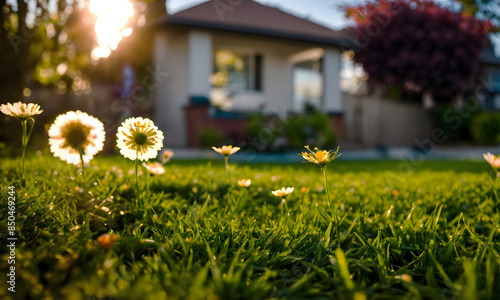 Beautiful green bentgrass with white flower in garden front of house, fresh grass with sun rays reflection in sunny weather, daisy or chamomile blossom in ground photo