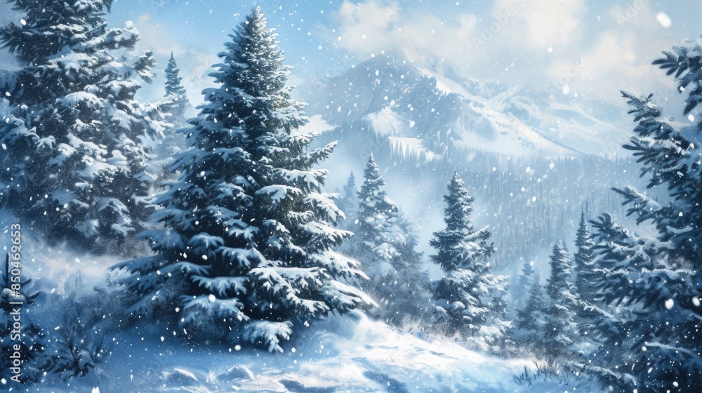 A serene winter landscape featuring a snow-covered mountain range and tall pine trees A serene winter landscape featuring a snow-covered mountain range and tall pine trees