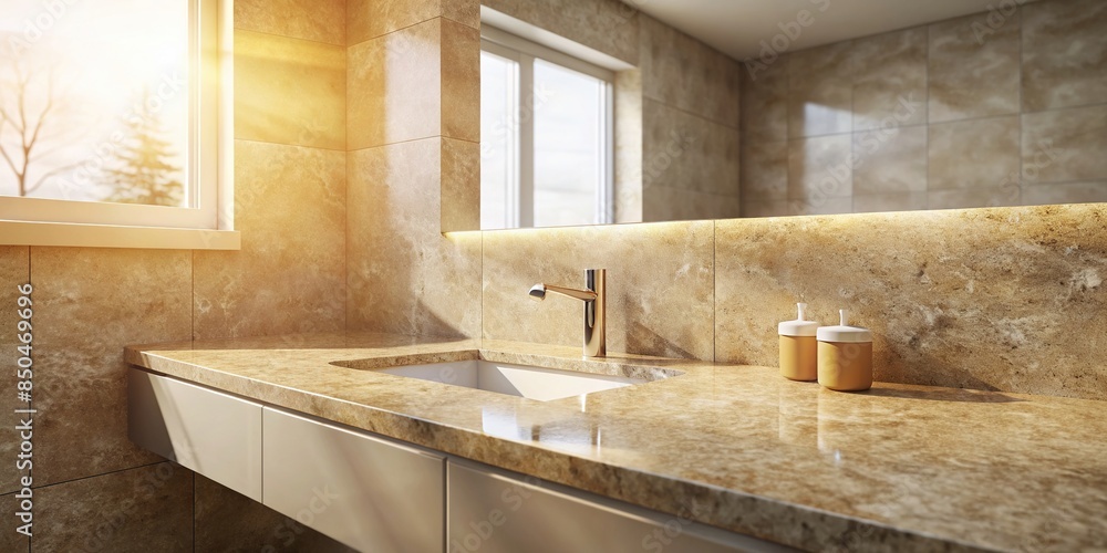 Empty bathroom counter top with beige granite walls and sunlight for product placement mockup ...