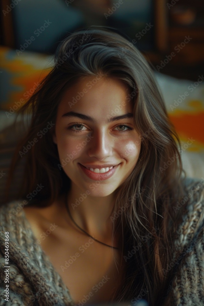 Portrait of a happy woman with long brown hair, looking directly at the camera Portrait of a happy woman with long brown hair, looking directly at the camera