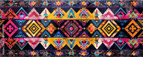 Ethnic tribal pattern, vibrant colors, geometric shapes, high resolution, intricate details, cultural richness, bold and dynamic design
