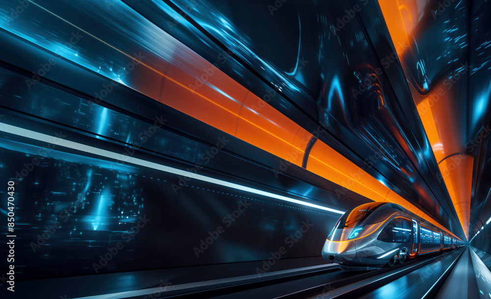 Futuristic train travels through a dark tunnel Futuristic train travels through a dark tunnel