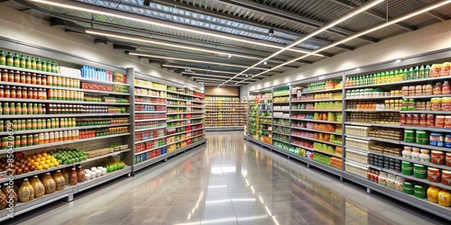 Supermarket interior with fully stocked shelves of various products, supermarket, shelves, products, retail, grocery © tammanoon