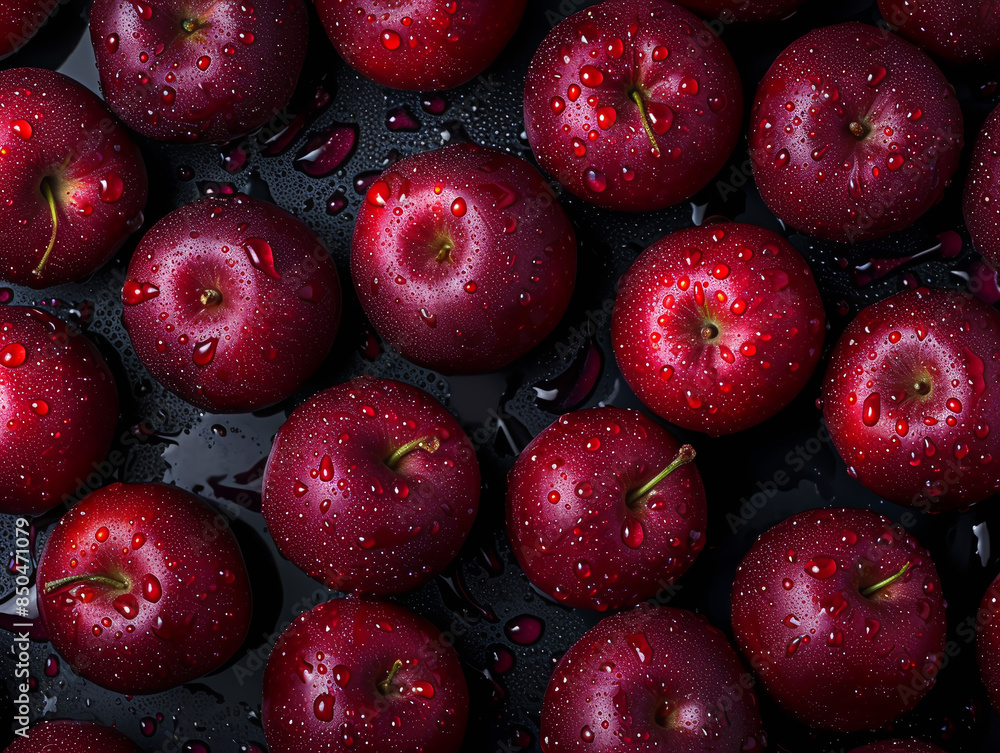 Image of apples on a black background with water drops.