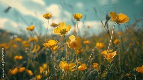 A picturesque scene of a field of yellow flowers under a clear blue sky