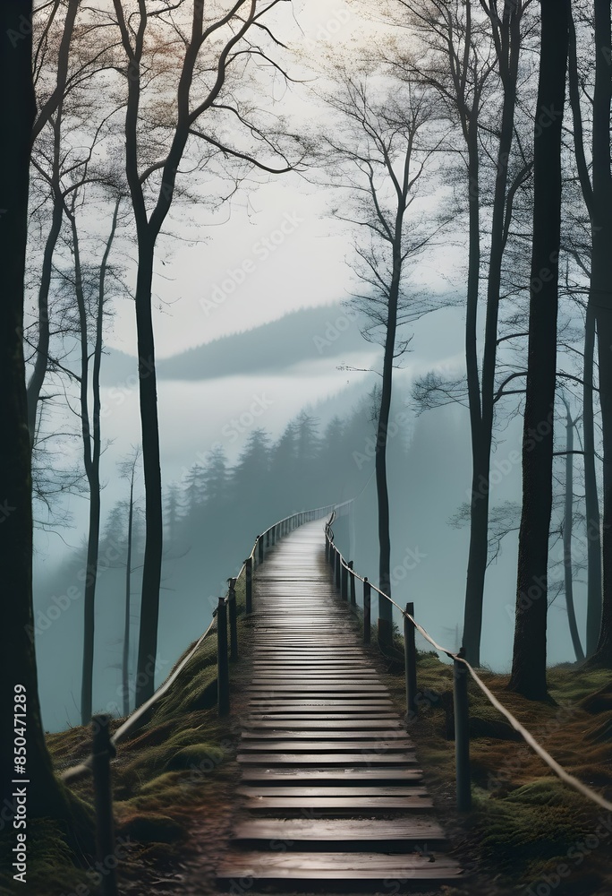 Fototapeta premium Tranquil Riverbank Stroll Along a Wooden Footpath