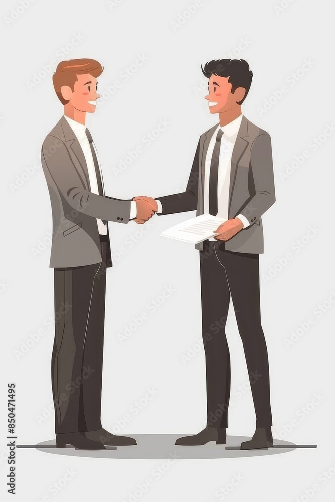 two young men in formal attire holding shaking hands to conclude a contract, with flat illustration style, vector graphic design, full body portrait, wearing gray suit and tie, black pants, black shoe two young men in formal attire holding shaking hands to conclude a contract, with flat illustration style, vector graphic design, full body portrait, wearing gray suit and tie, black pants, black shoe