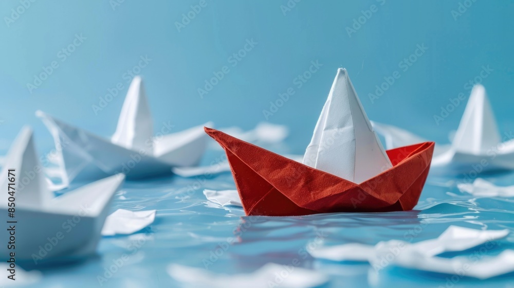A collection of paper boats drifting on the surface of a lake or sea A collection of paper boats drifting on the surface of a lake or sea