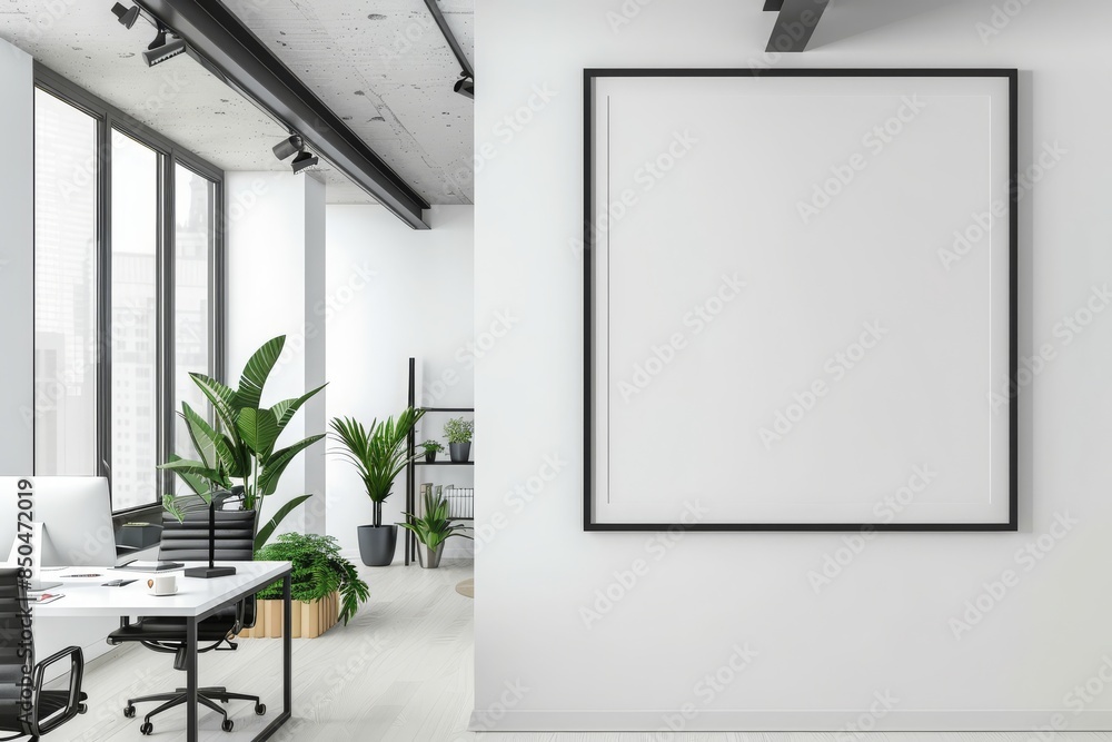 Mockup of black frame in office interior Mockup of black frame in office interior