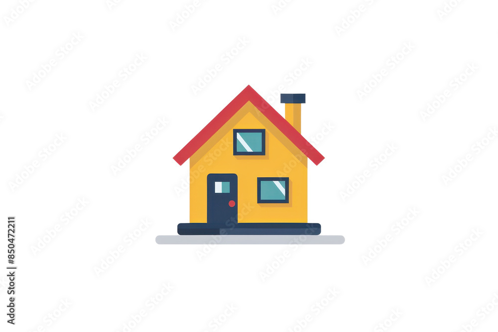 Vector illustration of a cozy yellow house with a red roof, blue windows, and a black door, isolated on a transparent background. Vector illustration of a cozy yellow house with a red roof, blue windows, and a black door, isolated on a transparent background.